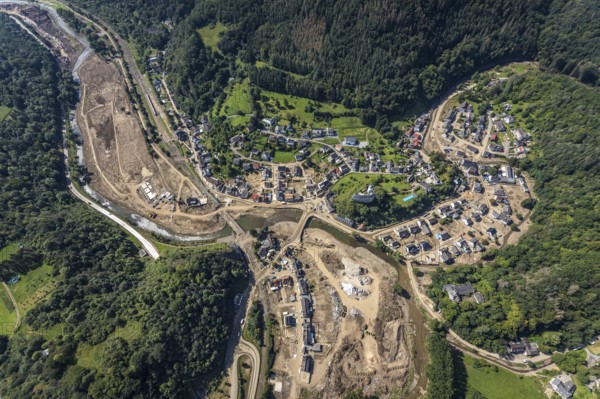 Aerial view, flooded area at the river Ahr with destroyed bridges and historical sight Burg