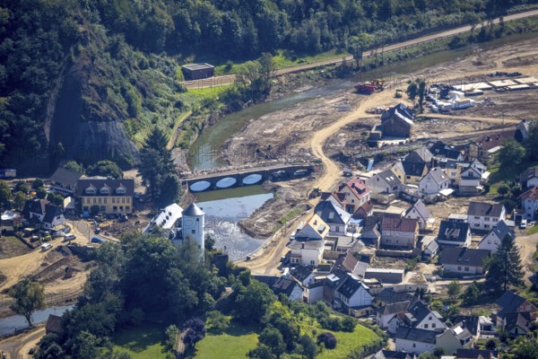 Aerial view, flooded area at the river Ahr with destroyed bridges and historical sight Burg