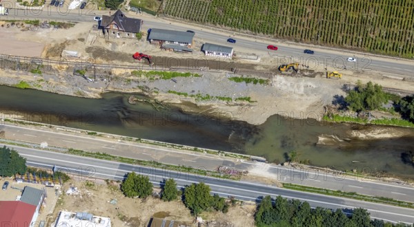 Aerial view, flood area at the river Ahr and railway track works at Heimersheim station, Bad