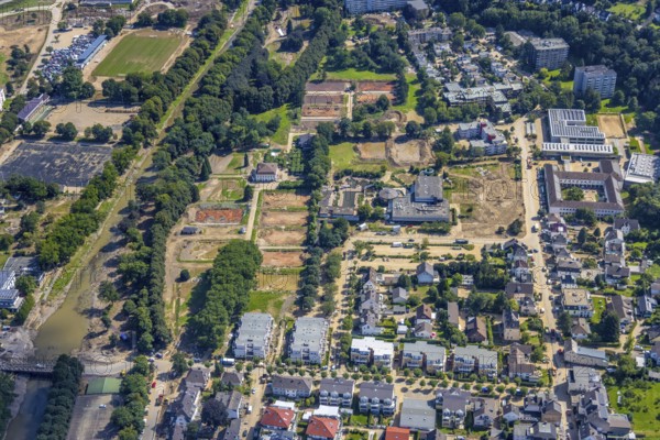 Aerial view, flood area at the river Ahr with destroyed HTC Bad Neuenahr tennis centre and TWIN