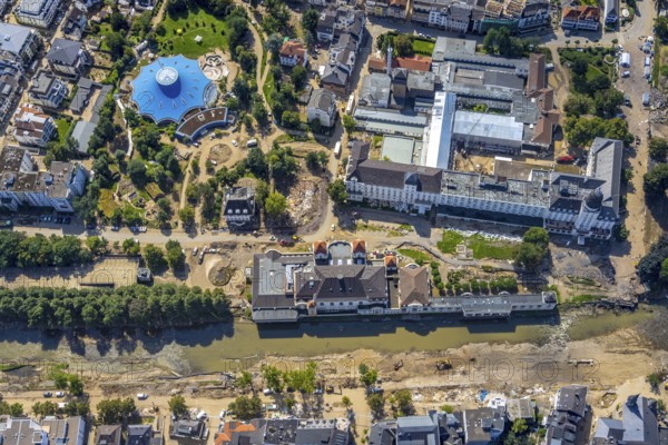 Aerial view, flood area at the river Ahr with spa hotel Bad Neuenahr and Steigenberger Hotel and