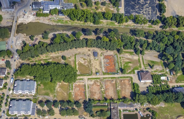Aerial view, flood area at the river Ahr with destroyed HTC Bad Neuenahr tennis facility in Bad