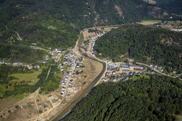 Aerial view, flood area on the river Ahr with Ahr bridge in the district of Brück, Ahrbrück, Ahr