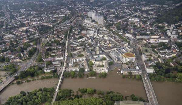 Aerial photo, Ruhr flood, flooding, Ruhrbania with flooding in the old town I, Mülheim an der Ruhr,