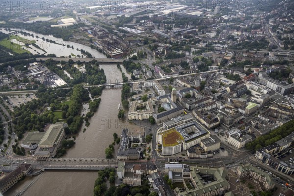 Aerial photo, Ruhr flood, flooding, Ruhrbania with flooding in the old town I, Mülheim an der Ruhr,