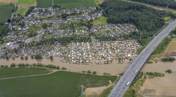 Aerial photo, Ruhr flood, flooded campsite CampingClub Garenfeld Ruhrbogen e.v, Westhofen,