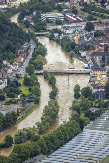 Aerial photo, Lennehochwasser, Hohenlimburg, Hagen, Ruhr area, North Rhine-Westphalia, Germany, DE,