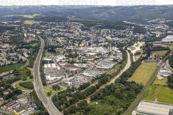 Aerial photo, Lennnehochwasser, Lennetal, Hagen, Ruhr area, North Rhine-Westphalia, Germany, DE,