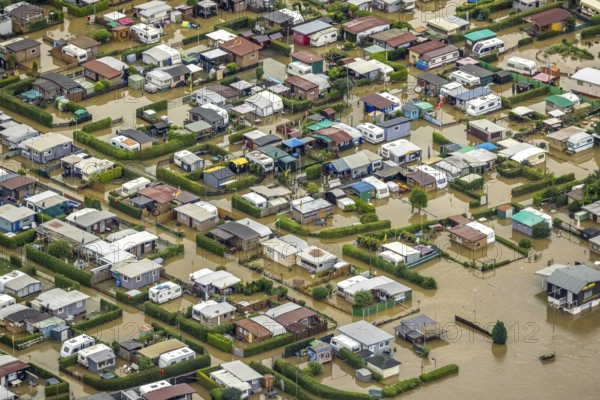 Aerial photo, Ruhr flood, flooded camping site CampingClub Garenfeld Ruhrbogen e.v, Westhofen,