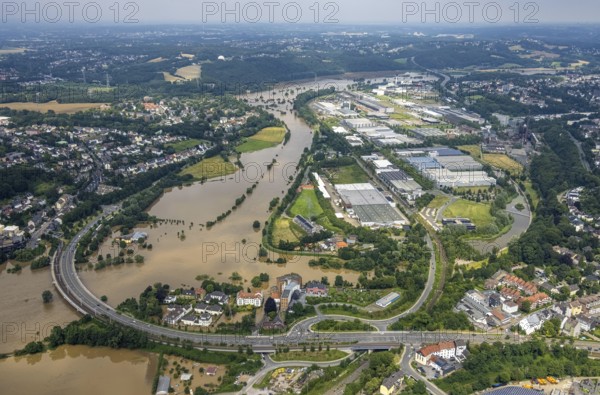 Aerial photo, Ruhr flood, flooding, Ruhr bridge Bochumer Straße, Hattingen, Ruhr area, North