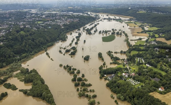 Aerial view, Ruhr floods, Ruhr between Bochum and Hattingen, flood, Blankenstein, Hattingen, Ruhr