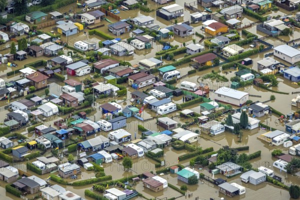 Aerial photo, Ruhr flood, flooded camping site CampingClub Garenfeld Ruhrbogen e.v, Westhofen,