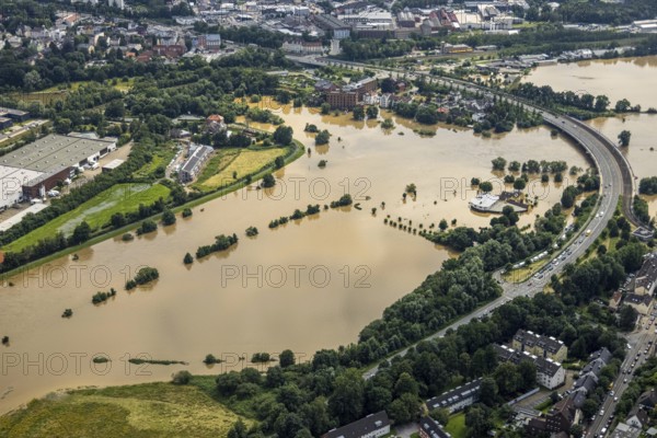 Aerial photo, Ruhr flood, flooding, camping site Ruhrbrücke in Hattingen, Baak, Hattingen, Ruhr