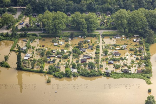 Aerial view, Ruhr flood, flooding, flooded allotment garden site at Holunderweg Mintarder Straße,