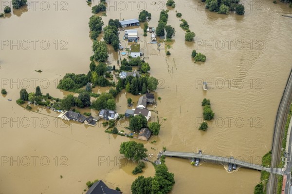 Aerial photo, Ruhr flood, flooding, floating bridge Dahlhausen, Linden, Bochum, Ruhr area, North