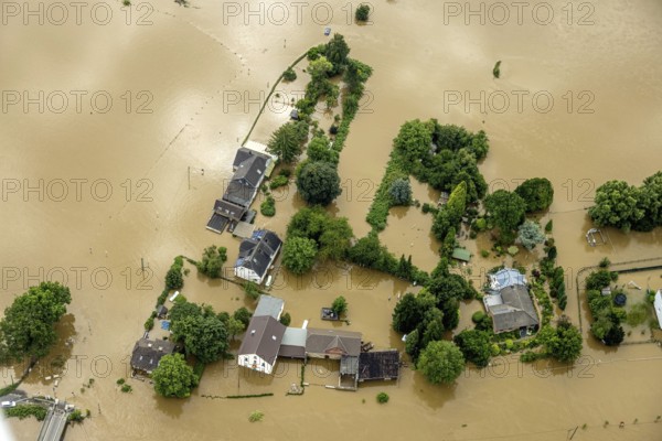 Aerial photo, Ruhr flood, flooding, Dumberg, Hattingen, Ruhr area, North Rhine-Westphalia, Germany,
