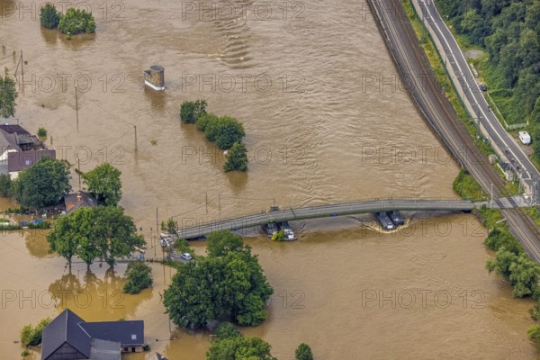 Aerial photo, Ruhr flood, flooding, floating bridge Dahlhausen, Linden, Bochum, Ruhr area, North