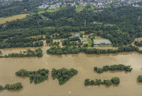 Aerial photo, Ruhr flood, flooding, Burgaltendorf, Essen, Ruhr area, North Rhine-Westphalia,