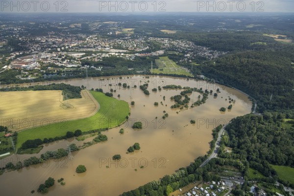 Aerial photo, Ruhr flood, flooding, Ruhrschleife Isenbergstraße, Hattingen, Ruhr area, North