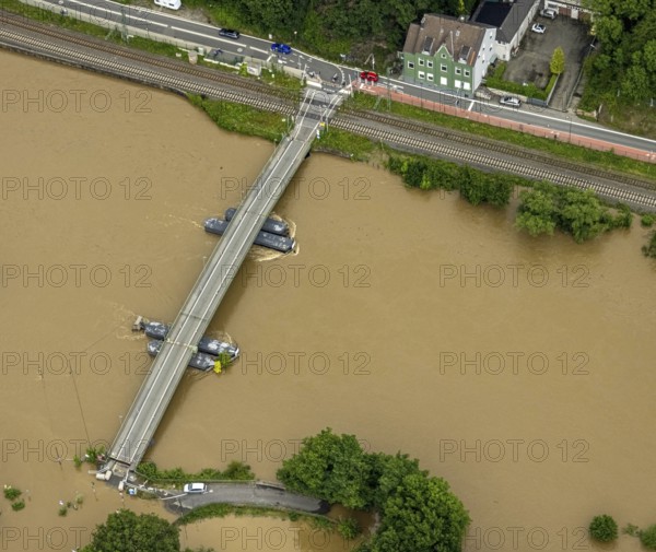 Aerial photo, Ruhr flood, flooding, Dahlhausen floating bridge, Linden, Bochum, Ruhr area, North