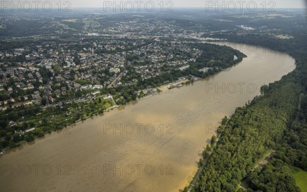 Aerial photo, Ruhr flood, flooding, Lake Baldeney with oil discolouration on the water surface,