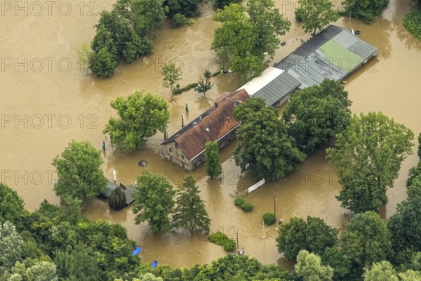 Aerial photograph, Ruhr flood, flooding, flooded ferry house Rote Mühle, Heisingen, Essen, Ruhr