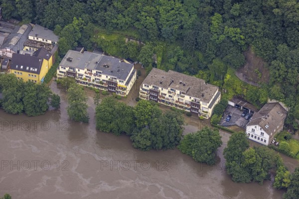 Aerial photo, Ruhr floods, floods at Laupendahler Landstraße in Essen-Werden, Werden, Essen, Ruhr
