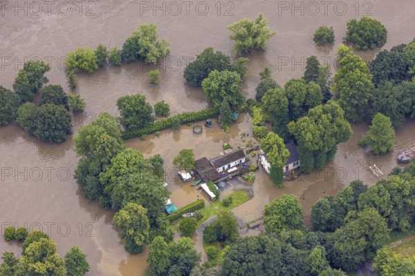 Aerial photo, Ruhr flood, flooding, Werden, Essen, Ruhr area, North Rhine-Westphalia, Germany, DE,