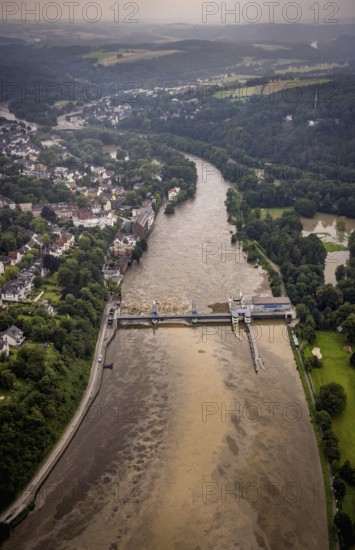 Aerial photo, Ruhr flood, flooding, Lake Baldeney weir Essen-Werden, Essen-Bredeney, Essen, Ruhr