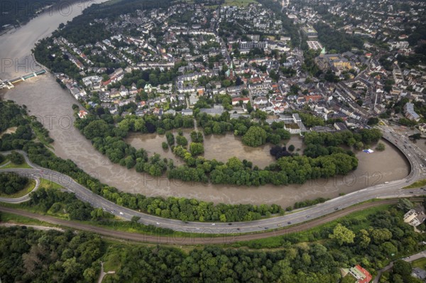 Aerial photograph, Ruhr flood, flooding, flooded Brehminsel Essen-Werden, Essen-Bredeney, Essen,