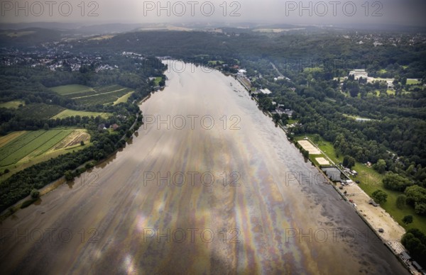 Aerial photo, Ruhr flood, flooding, Lake Baldeney with oil discolouration on the water surface,