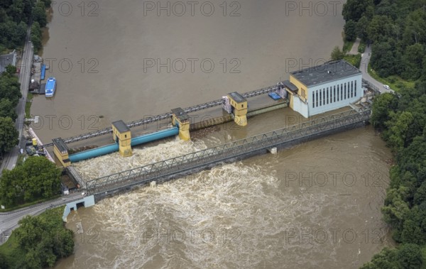 Aerial photo, Ruhr flood, barrage Hengsteysee, flooding, Herdecke, Boele, Hagen, Ruhr area, North