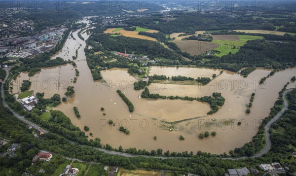 Aerial photo, Ruhr floods, Witten waterworks, flooding, Witten, Ruhr area, North Rhine-Westphalia,