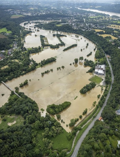 Aerial photo, Ruhr floods, Witten waterworks, flooding, Witten, Ruhr area, North Rhine-Westphalia,