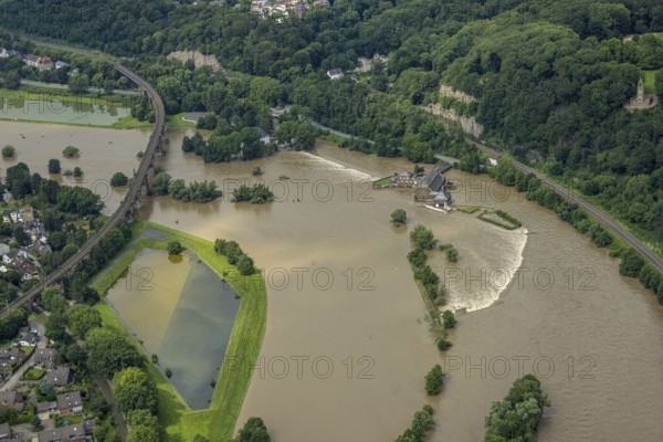 Aerial photo, Ruhr flood, barrage Witten, flooding, Annen, Witten, Ruhr area, North