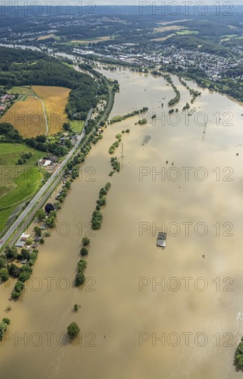 Aerial view, Ruhr floods, Ruhr between Wetter and Witten, flooding, Annen, Witten, Ruhr area, North