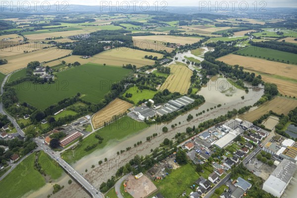 Aerial photo, Ruhr flood, flood after heavy rainfall, Wickede, Sauerland, North Rhine-Westphalia,