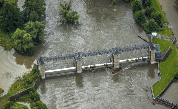 Aerial photo, Ruhr flood, flood after heavy rainfall, Wickede, Sauerland, North Rhine-Westphalia,