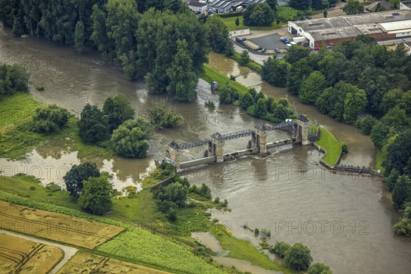 Aerial view, Ruhr flood, flood after heavy rainfall, Echthausen, Wickede, Sauerland, North