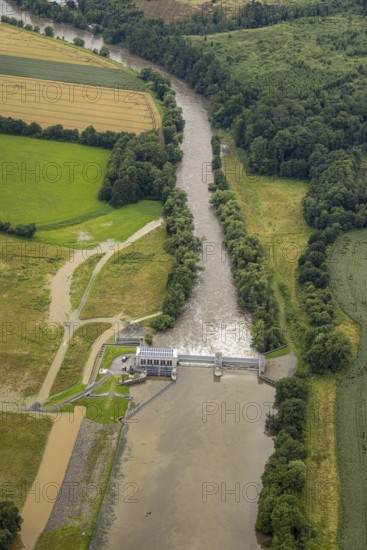 Aerial photo, Ruhr flood, barrage Ense Wickede, flood after heavy rainfall, Waltringen, Ense,