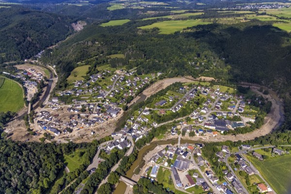 Aerial photograph, flood area with river Ahr in Schuld, Ahr valley, Rhineland-Palatinate, Germany,