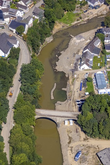 Aerial view, flood area with river Ahr and bridge damage in Schuld, Ahr valley,