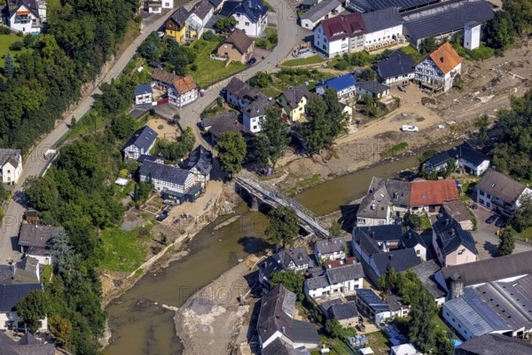 Aerial view, flood area with river Ahr and bridge damage Domhofstraße in Schuld, Ahr valley,