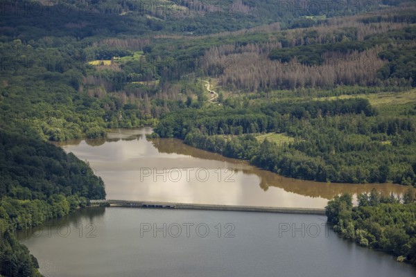 Aerial view, flood after heavy rainfall, Möhne dam with water level, Günne, Lake Möhne, Sauerland,