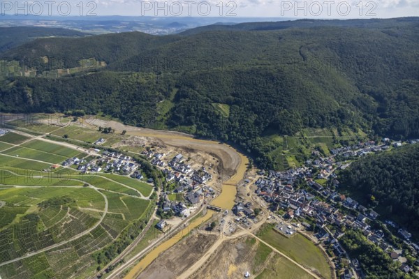 Aerial view, flood area at the river Ahr in the district of Rech, Altenahr, Ahr valley,