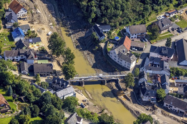 Aerial view, flood area with river Ahr and bridge damage in Schuld, Ahr valley,
