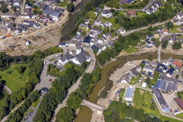 Aerial view, flood area with river Ahr and bridge damage and St. Gertrud Church in Schuld, Ahr