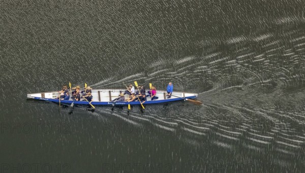 Aerial view, break while boating on the Kemnader Lake in the district Ostherbede in Witten, Ruhr
