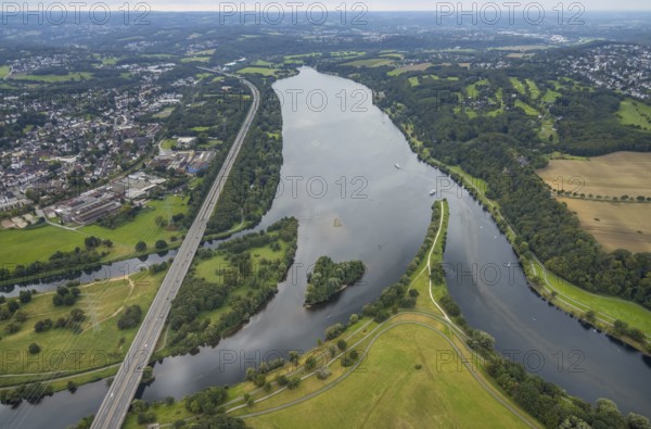 Aerial view, Lake Kemnader with excursion boats in the district Ostherbede in Witten, Ruhr area,