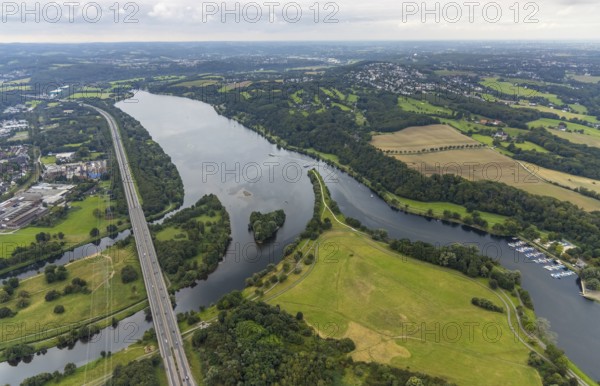 Aerial view, Kemnader Lake and motorway A43 in the district Ostherbede in Witten, Ruhr area, North